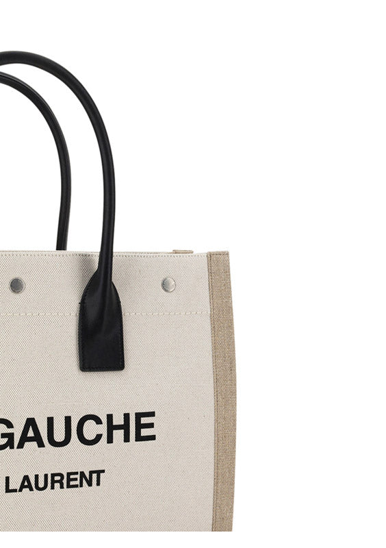 Rive Gauche Small Tote Bag in Linen and Leather - Greige/Black/Naturel