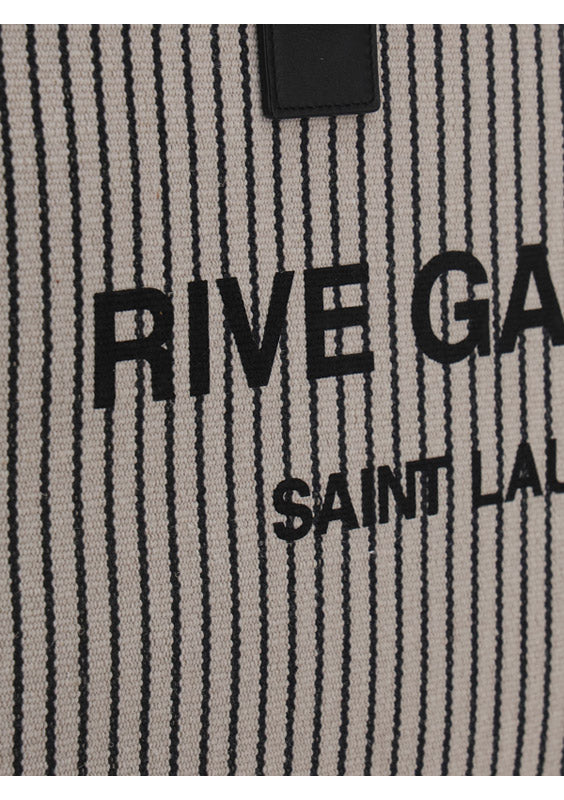 Rive Gauche Tote Bag In Linen And Smooth Leather - Cream / Black