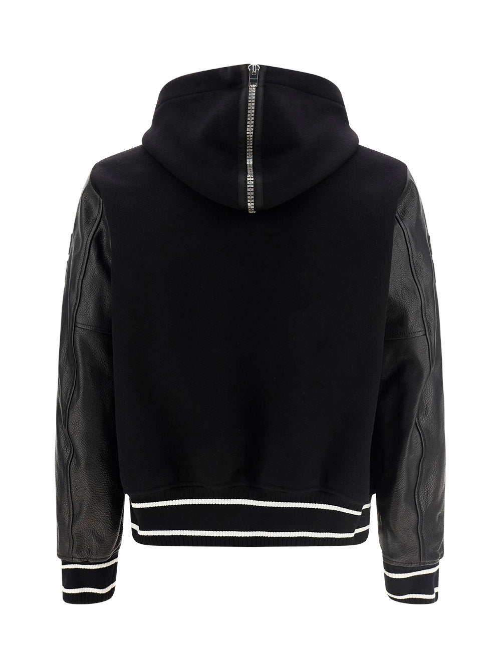 Hooded Bomber Jacket in Wool and Leather Black