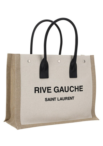 Rive Gauche Small Tote Bag in Linen and Leather - Greige/Black/Naturel