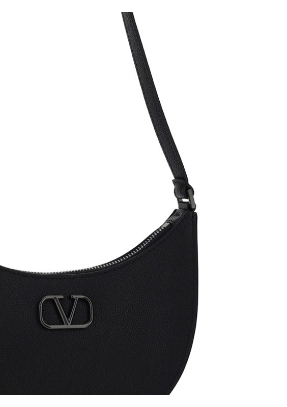 Mini Vlogo Signature Grainy Calfskin Hobo Bag - Black
