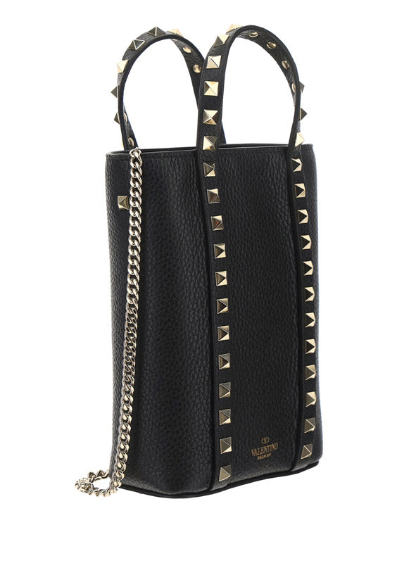 Rockstud Leather Pouch With Chain - Black