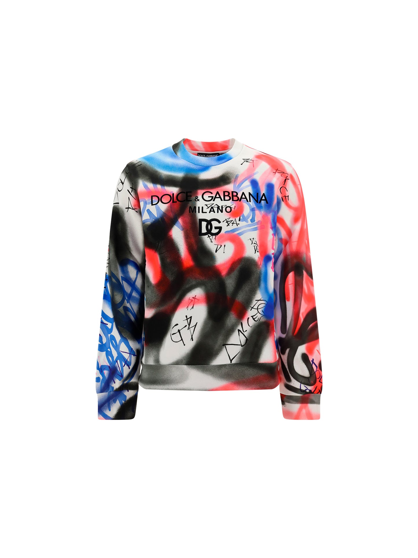Embroidered Jersey Sweatshirt with Spray-paint Graffiti Print - White/Multi