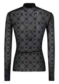 Moonogram-Flocked Mesh Top - Black