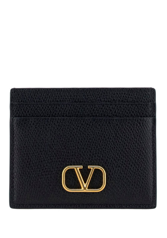 VLogo Signature Cardholder in Grainy Calfskin Leather - Black