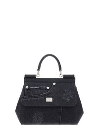 Small Sicily Bag in Calfskin and Patchwork Denim - Black
