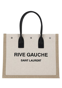 Rive Gauche Small Tote Bag in Linen and Leather - Greige/Black/Naturel