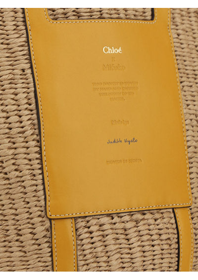 Large Basket in Fair Trade Paper & Shiny Calfskin - Natural / Yellow