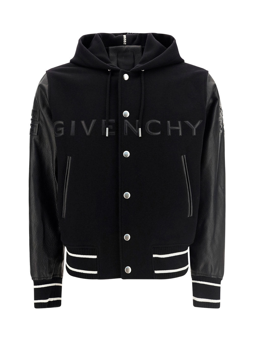 Hooded Bomber Jacket in Wool and Leather Black