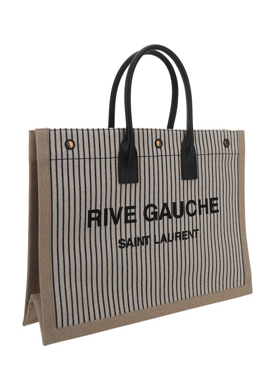 Rive Gauche Tote Bag In Linen And Smooth Leather - Cream / Black