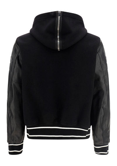Hooded Bomber Jacket in Wool and Leather Black