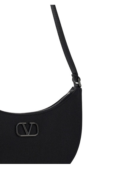 Mini Vlogo Signature Grainy Calfskin Hobo Bag - Black