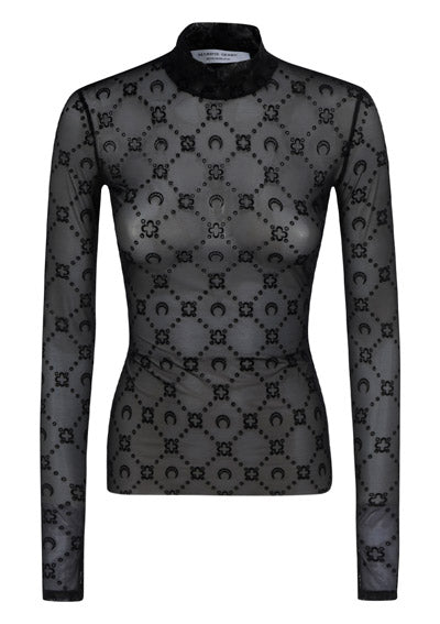 Moonogram-Flocked Mesh Top - Black