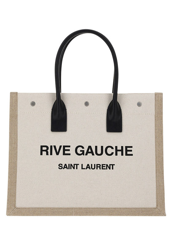 Rive Gauche Small Tote Bag in Linen and Leather - Greige/Black/Naturel