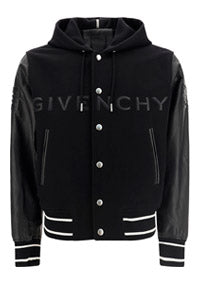 Hooded Bomber Jacket in Wool and Leather Black
