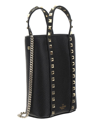 Rockstud Leather Pouch With Chain - Black