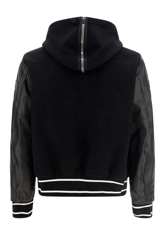 Hooded Bomber Jacket in Wool and Leather Black
