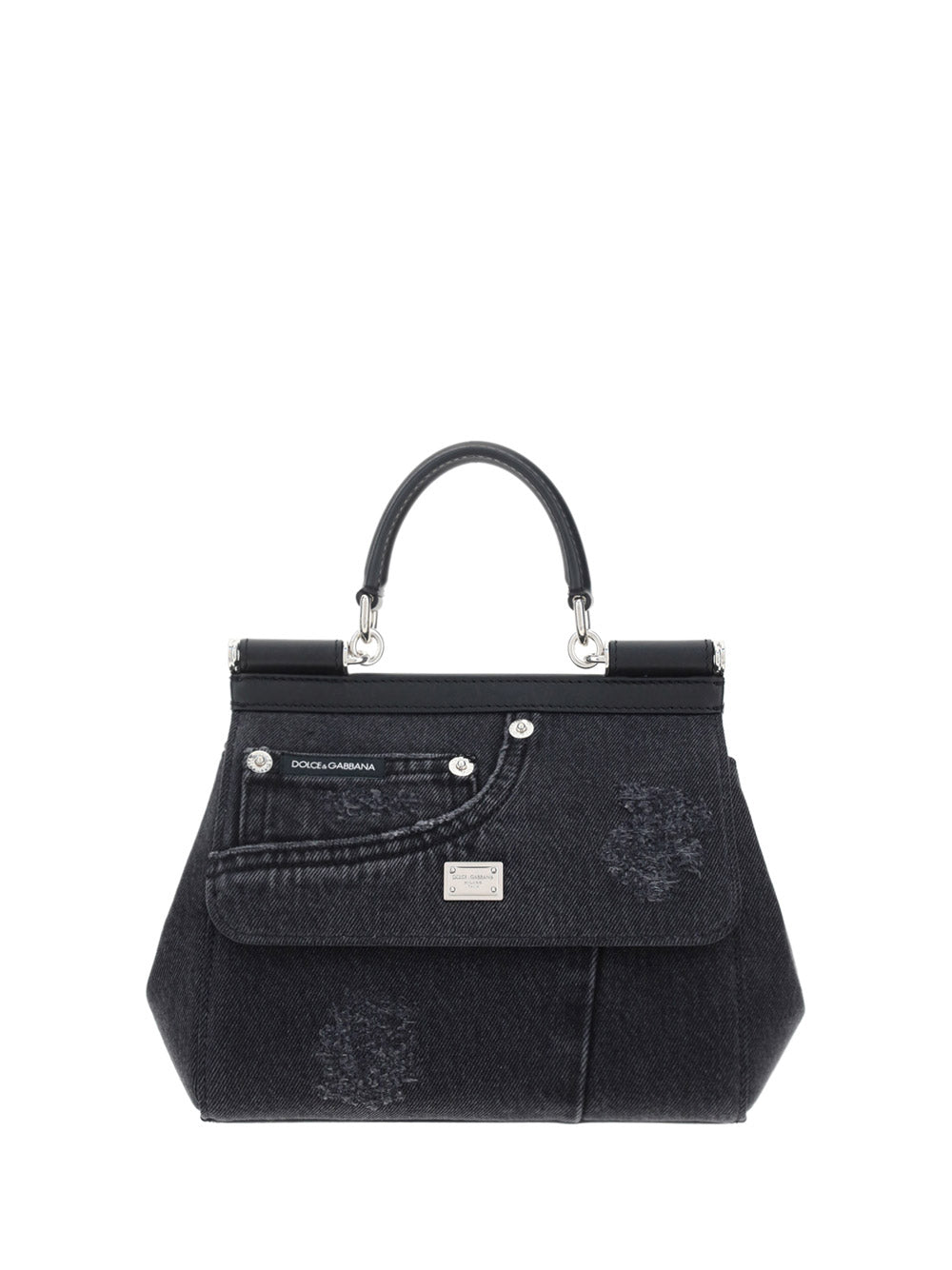 Small Sicily Bag in Calfskin and Patchwork Denim - Black