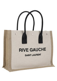 Rive Gauche Small Tote Bag in Linen and Leather - Greige/Black/Naturel