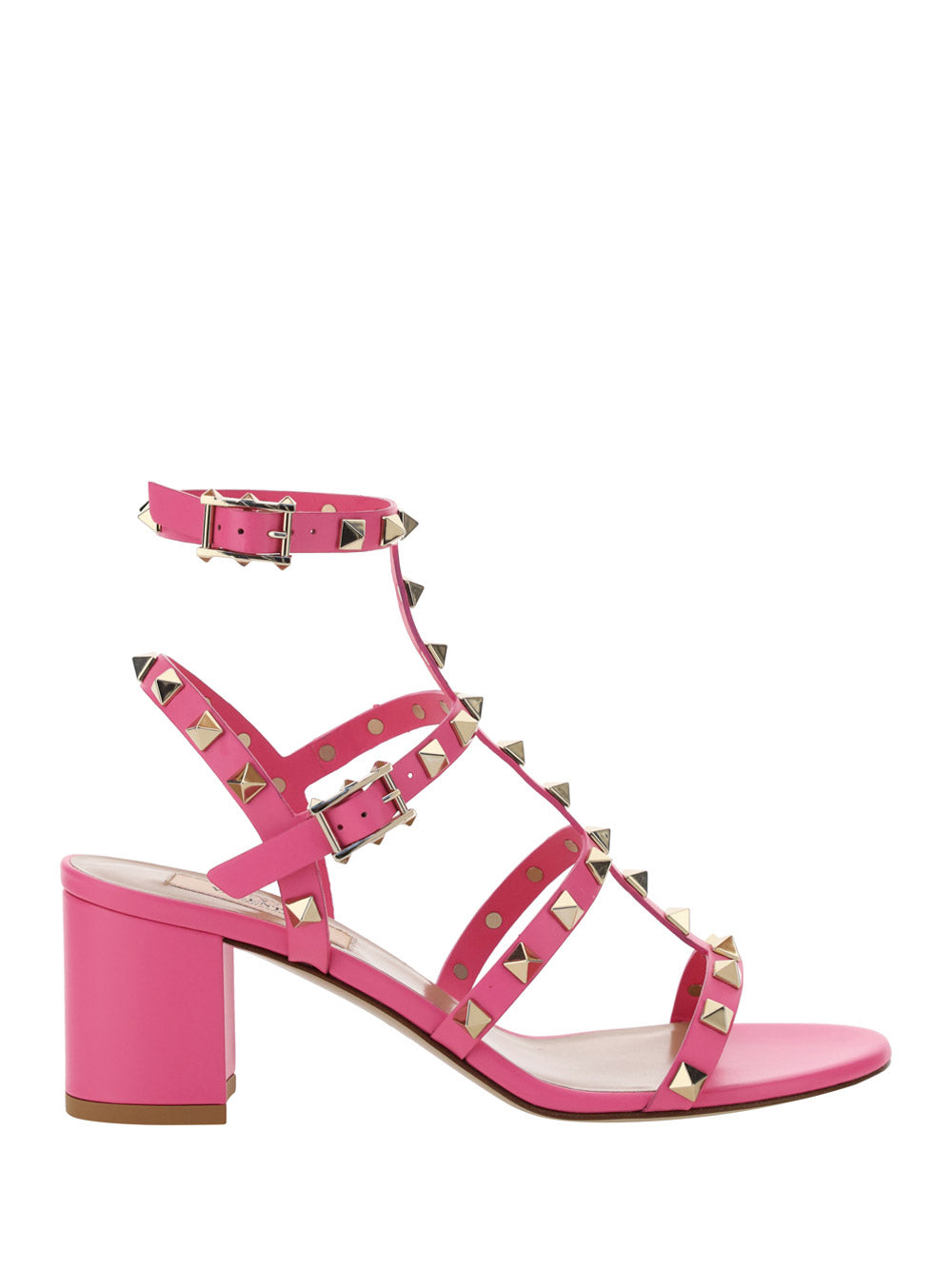 Rockstud Metallic Calfskin Leather Ankle Strap Sandal 60MM - Pink