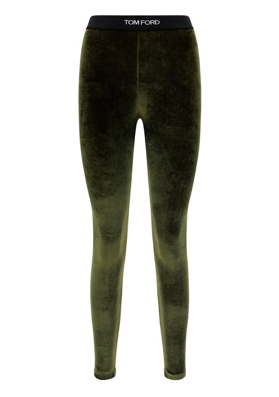 Stretch Velvet Signature Leggings - Olive Green