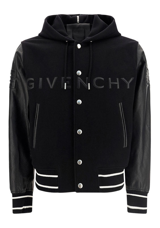 Hooded Bomber Jacket in Wool and Leather Black