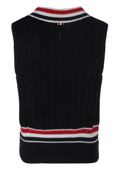 Cashmere Strip Trim Knit V-Neck Vest - Navy