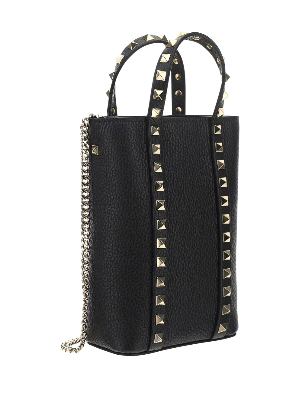 Rockstud Leather Pouch With Chain - Black