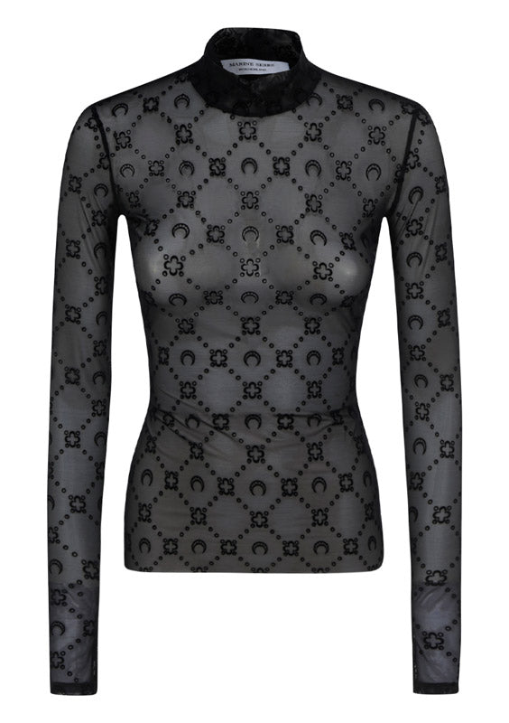 Moonogram-Flocked Mesh Top - Black