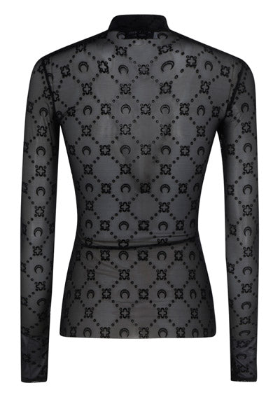 Moonogram-Flocked Mesh Top - Black