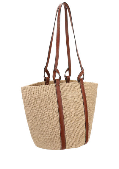 Large Basket in Fair Trade Paper & Shiny Calfskin - Natural / Brown