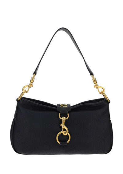 Leather Shoulder Bag with Snap Hook - Black