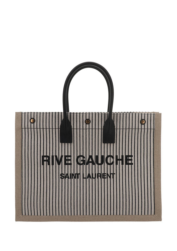 Rive Gauche Tote Bag In Linen And Smooth Leather - Cream / Black