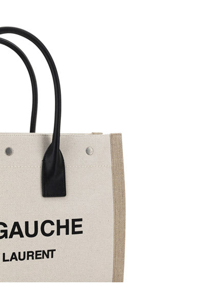 Rive Gauche Small Tote Bag in Linen and Leather - Greige/Black/Naturel