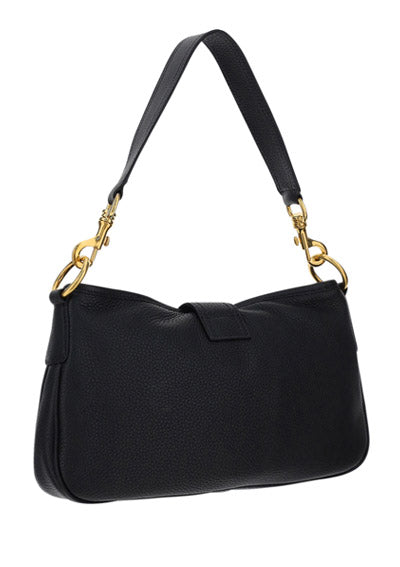 Leather Shoulder Bag with Snap Hook - Black