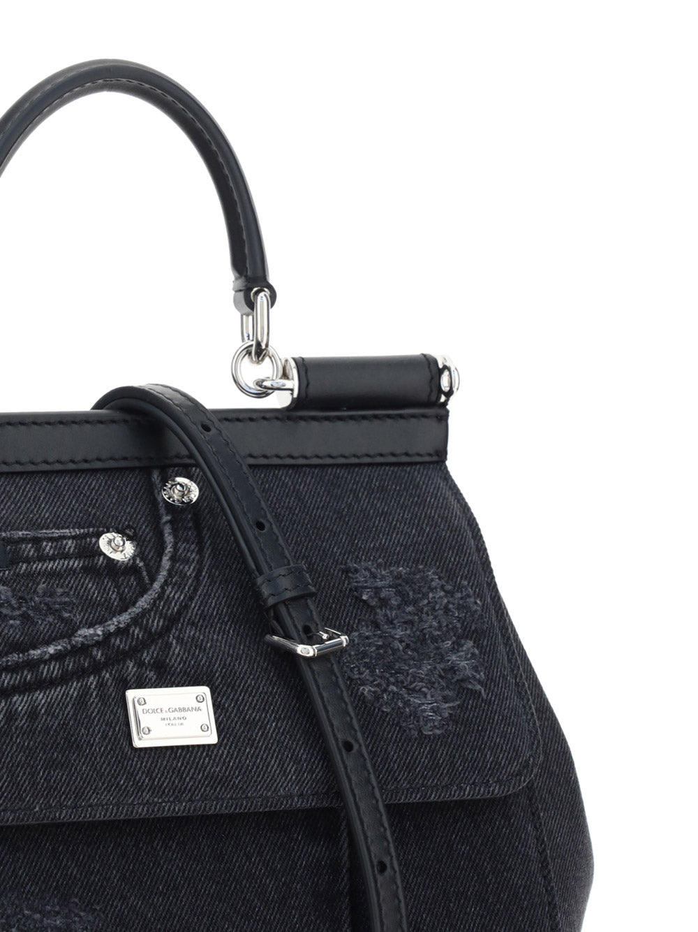 Small Sicily Bag in Calfskin and Patchwork Denim - Black
