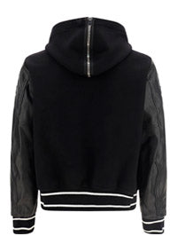Hooded Bomber Jacket in Wool and Leather Black