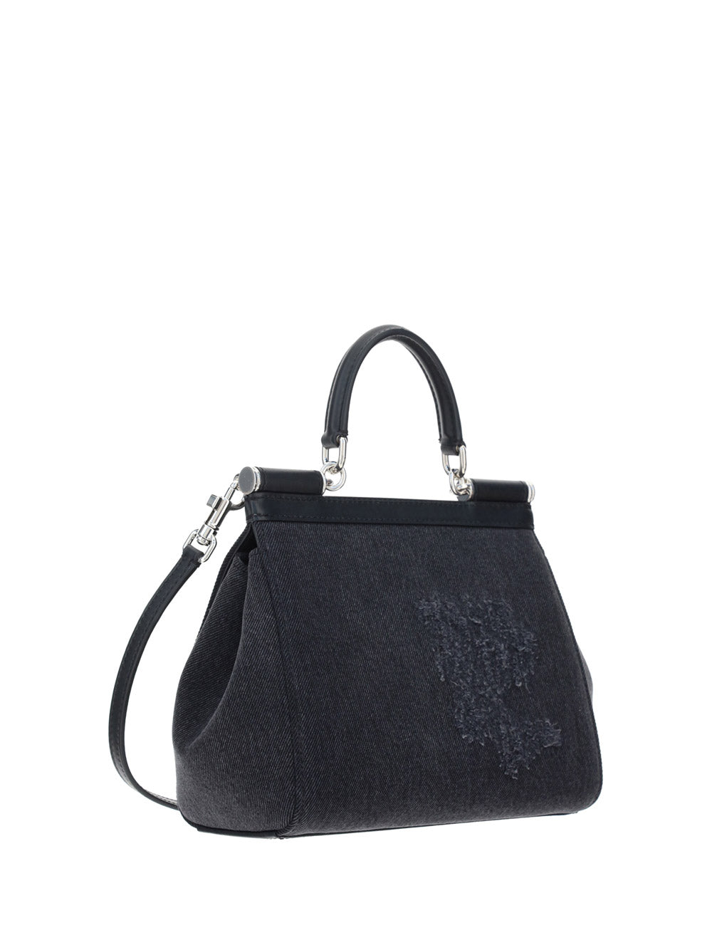 Small Sicily Bag in Calfskin and Patchwork Denim - Black
