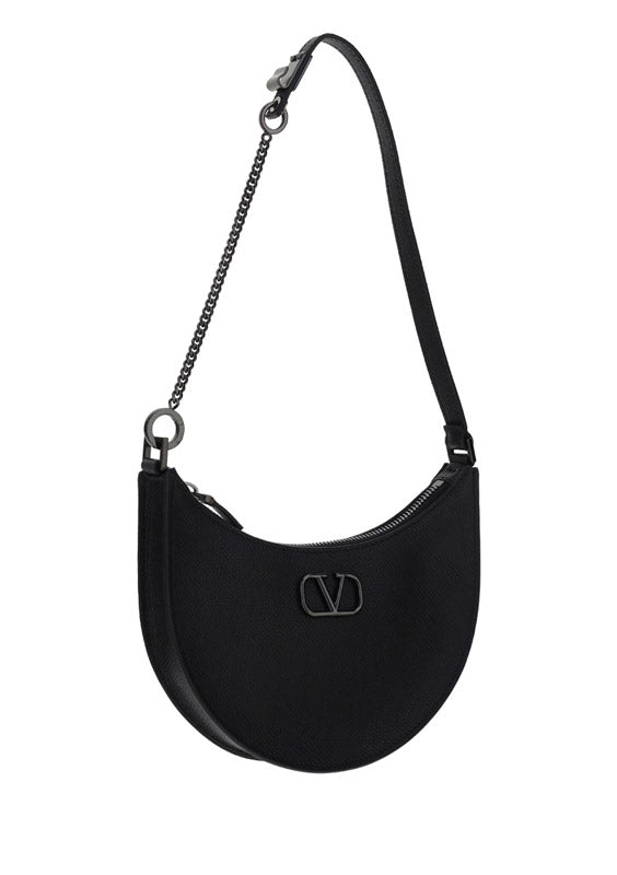 Mini Vlogo Signature Grainy Calfskin Hobo Bag - Black
