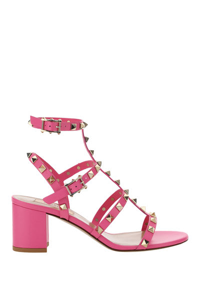 Rockstud Metallic Calfskin Leather Ankle Strap Sandal 60MM - Pink