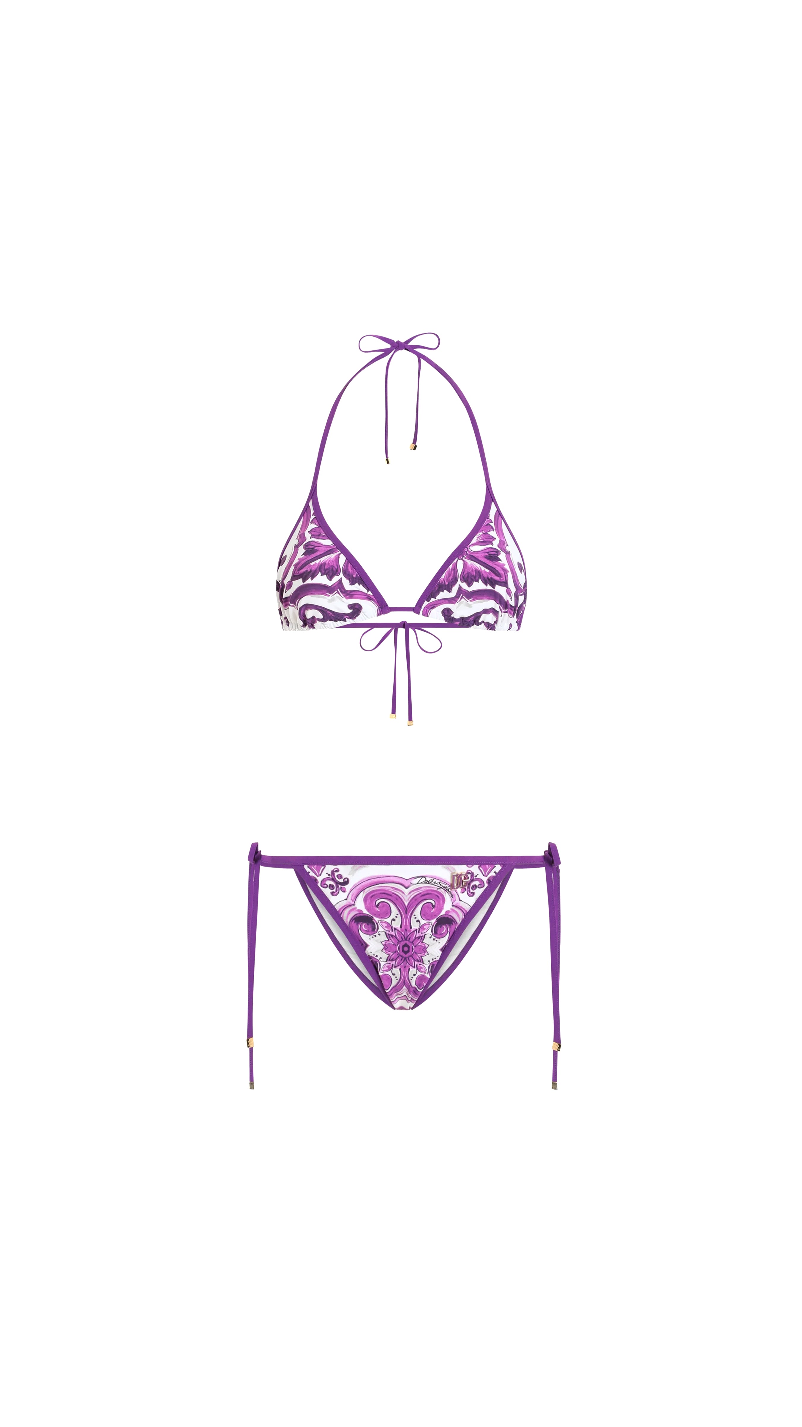 Majolica-Print Triangle Bikini - White/Purple