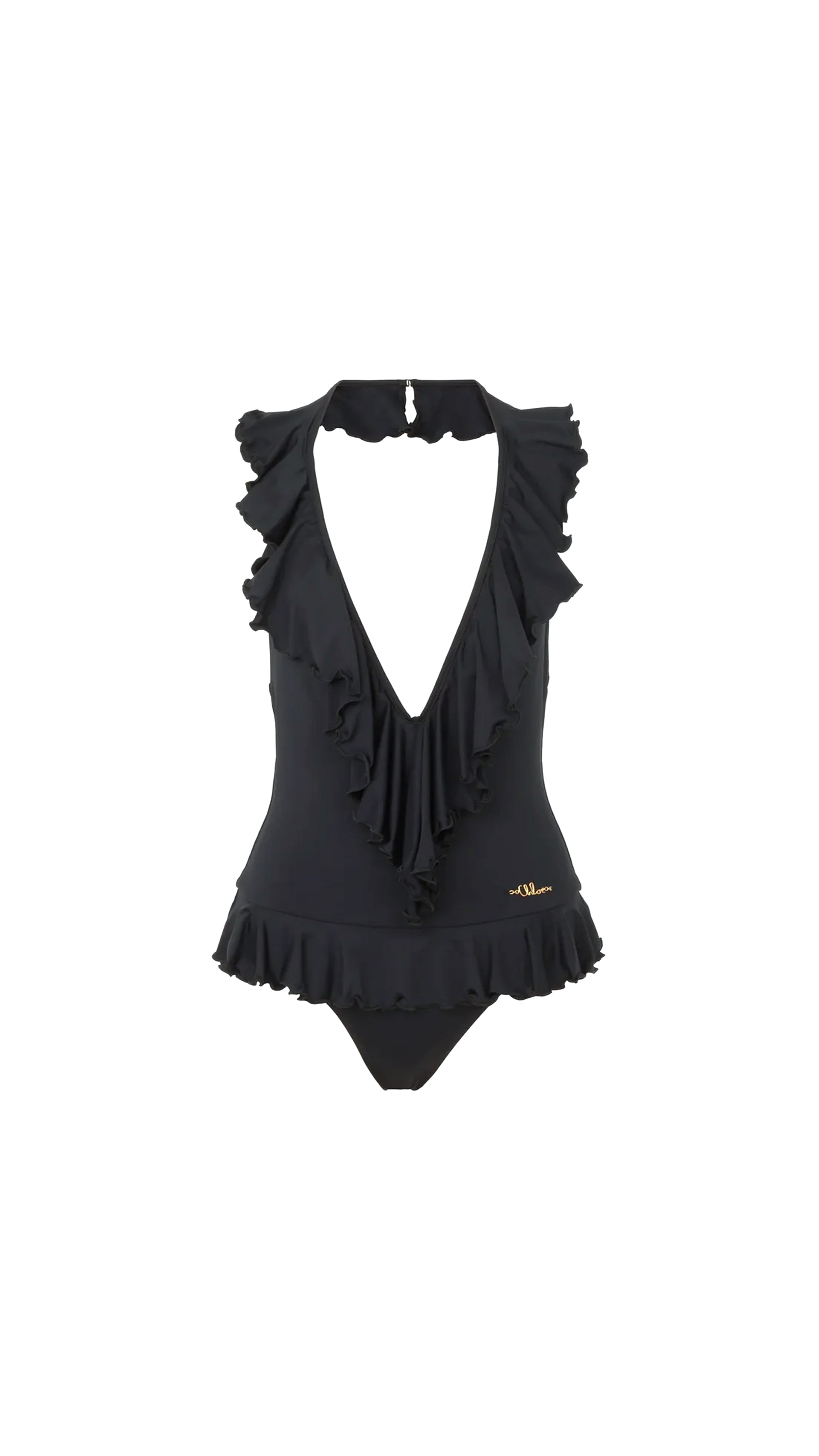 Ruffled V-Neck One-Piece Swimsuit - Black