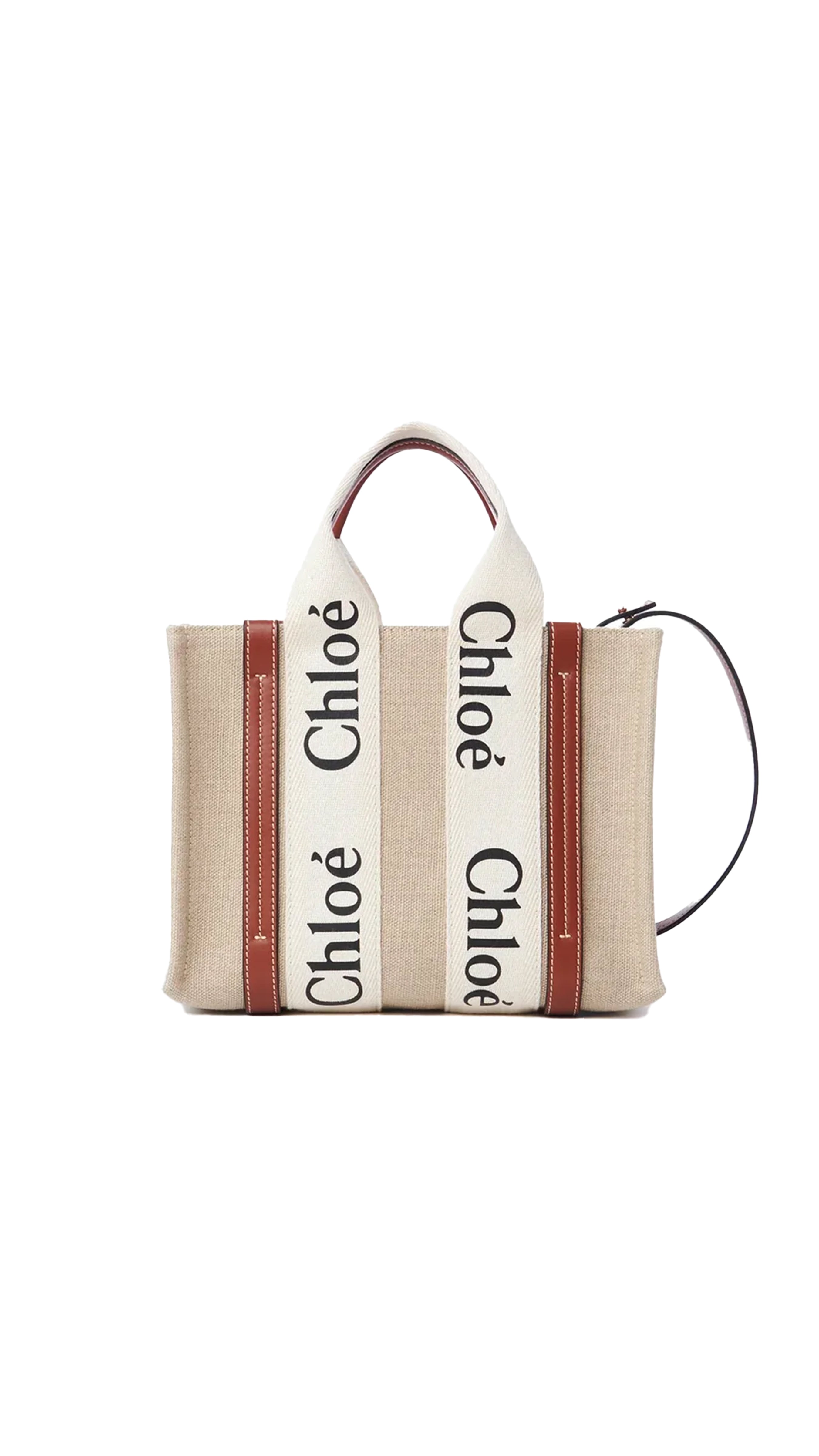 Small Woody Tote Bag in Linen - White/Brown