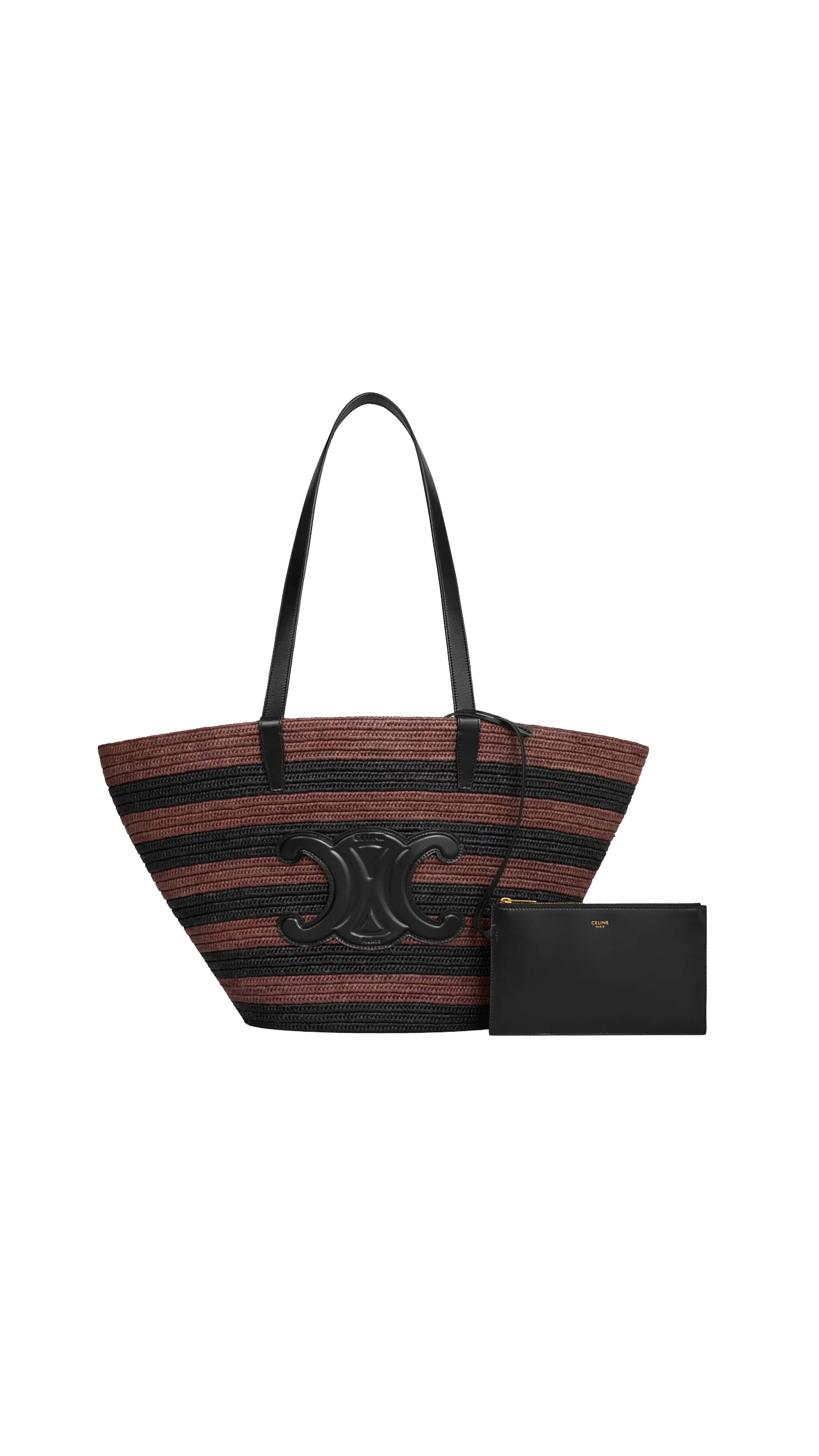 Couffin Classic Panier in Stripped Raffia and Calfskin - Black/Brown