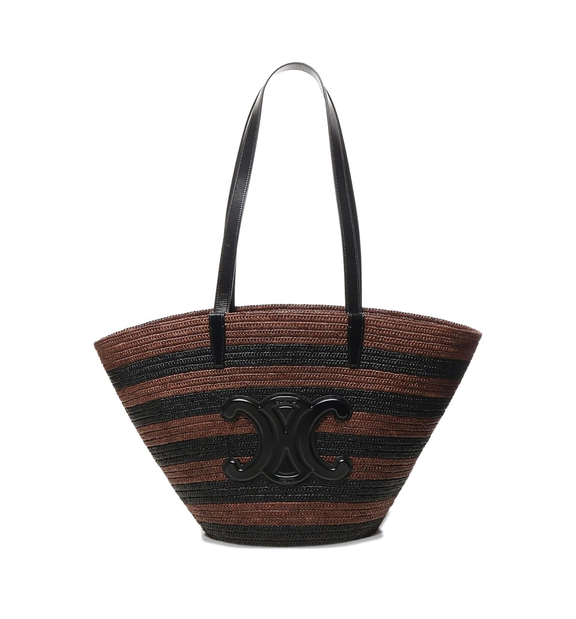 Couffin Classic Panier in Stripped Raffia and Calfskin - Black/Brown