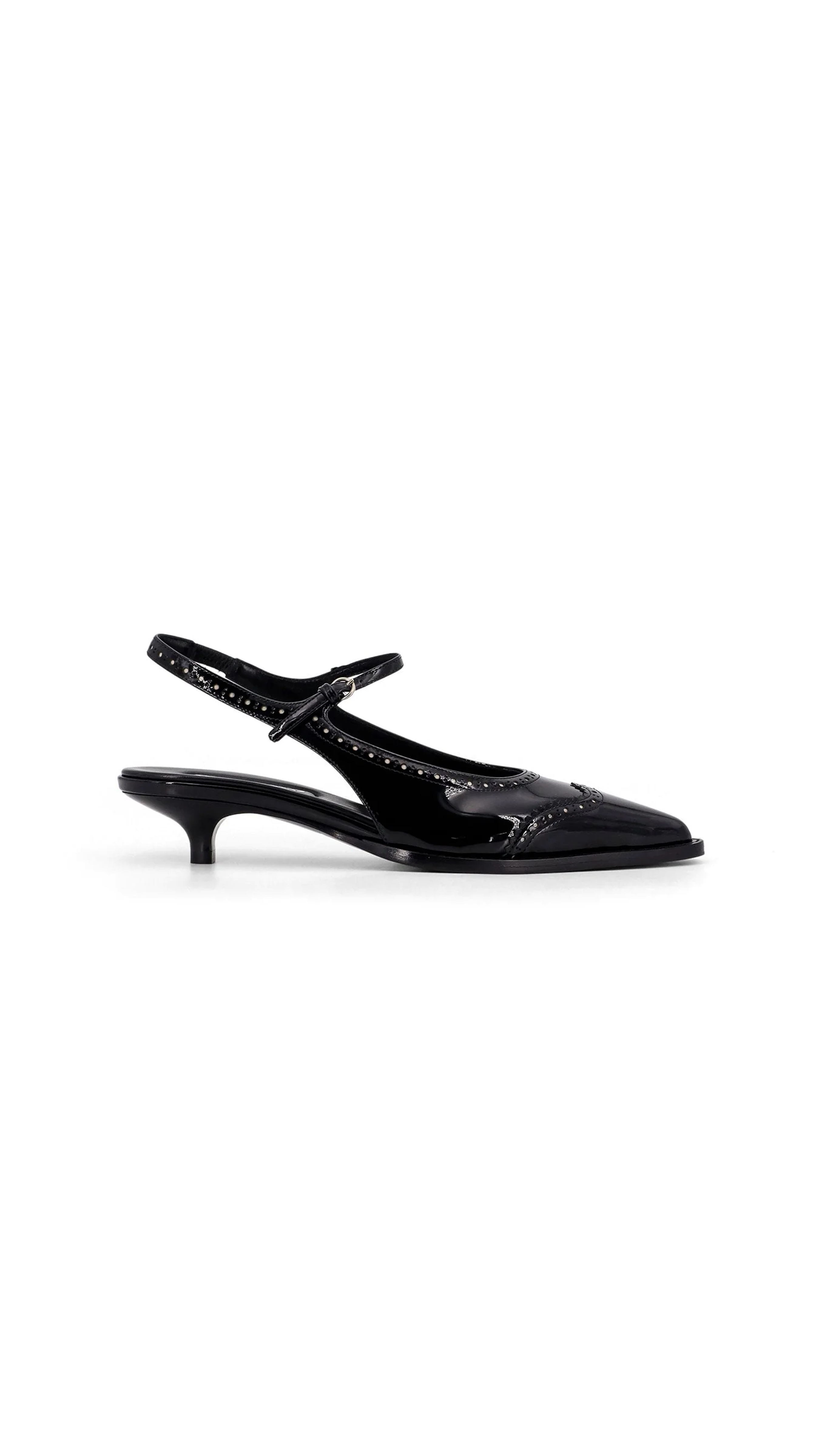 Brogue Slingback T-Strap Pumps - Black