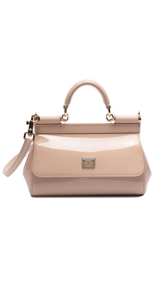 Small Sicily Handbag in Patent Leather - Beige