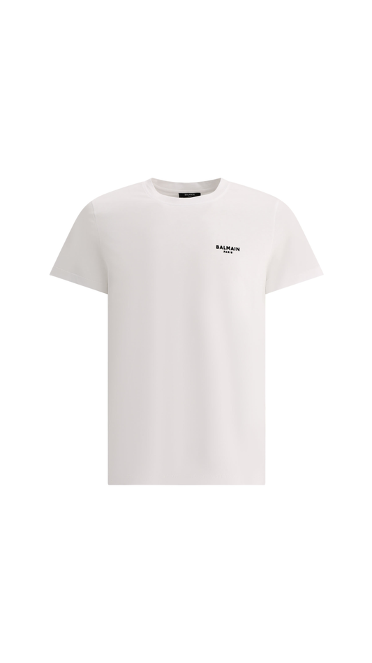 Flocked Balmain T-shirt with Logo - White
