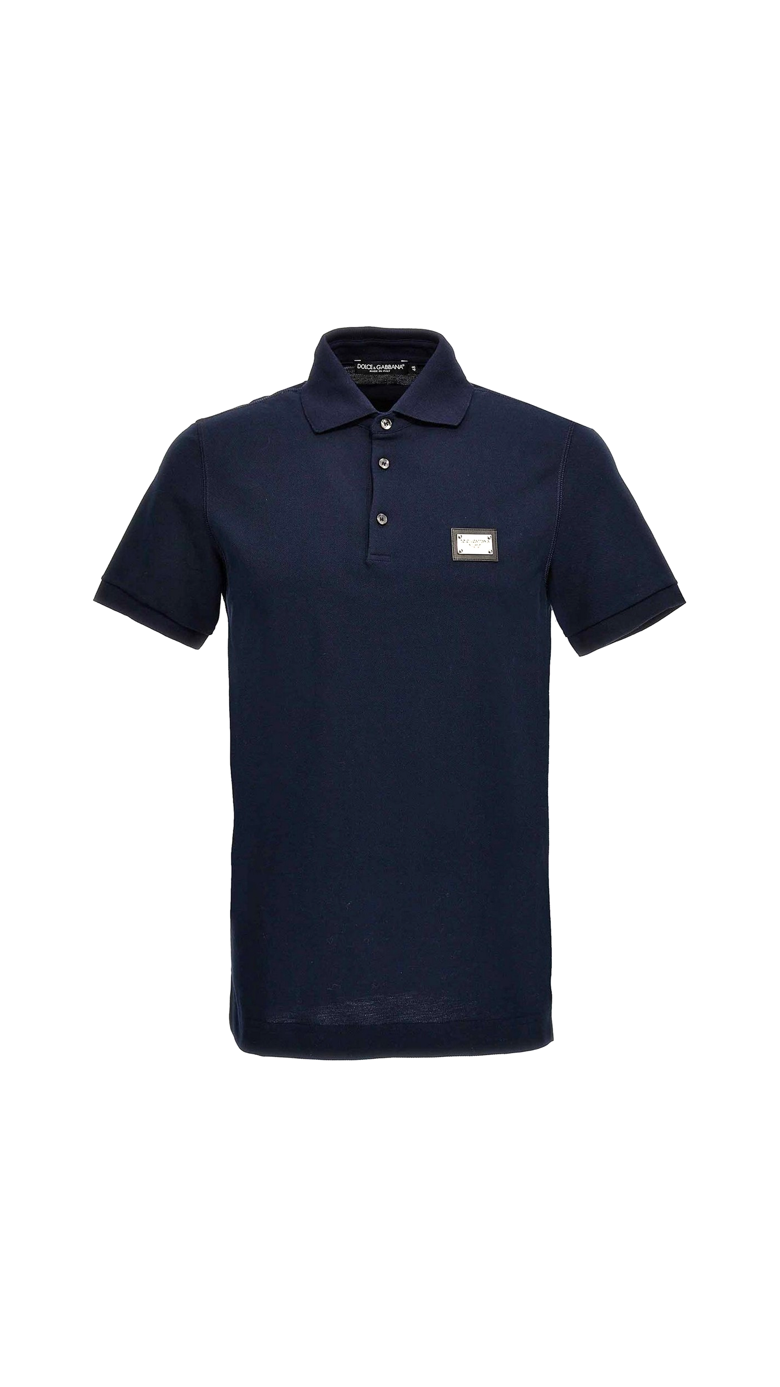 Cotton Piqué Polo-shirt With Branded Tag - Navy