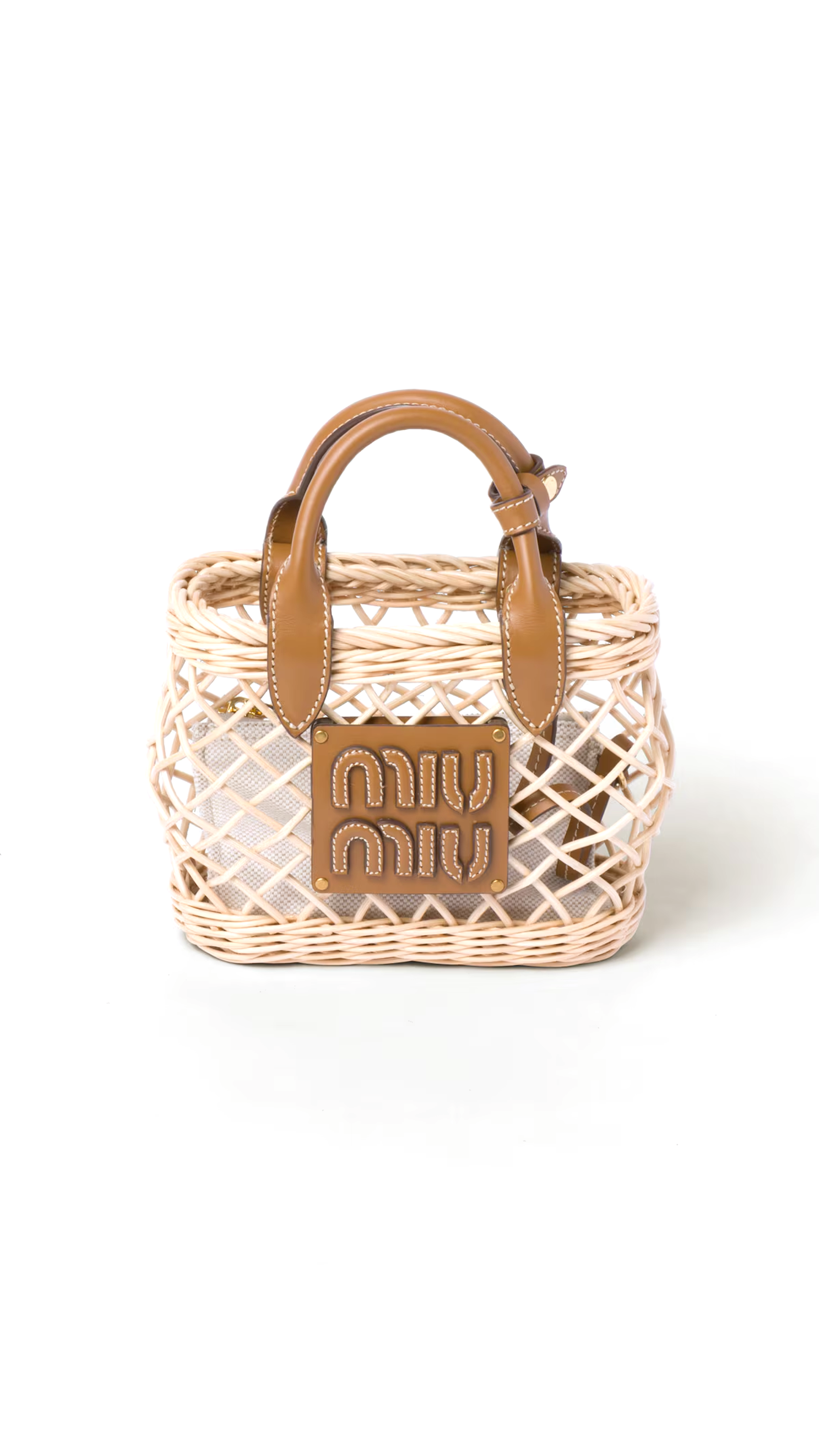 Woven Fabric Handbag With Leather Trim - Tan/caramel